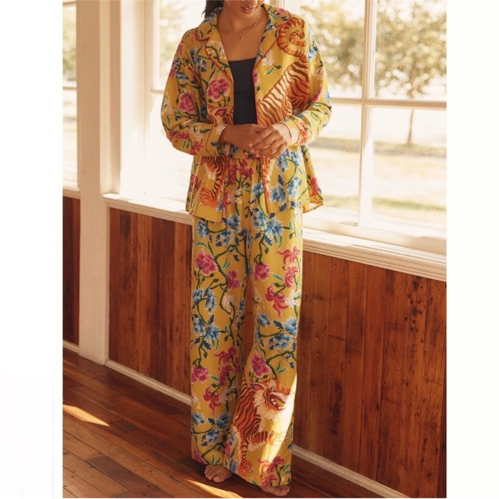 Anthropologie Yellow Floral & Tiger Print Pajama Set